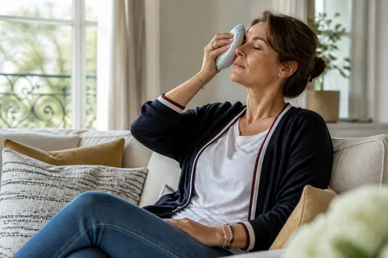 Femme appliquant une compresse froide, récupération après 10 jours blépharoplastie oedème persistant.
