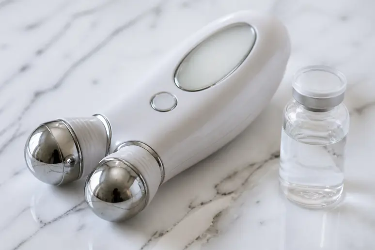 Appareil d'electrostimulation du visage et gel conducteur, prêts pour un soin sans risque.