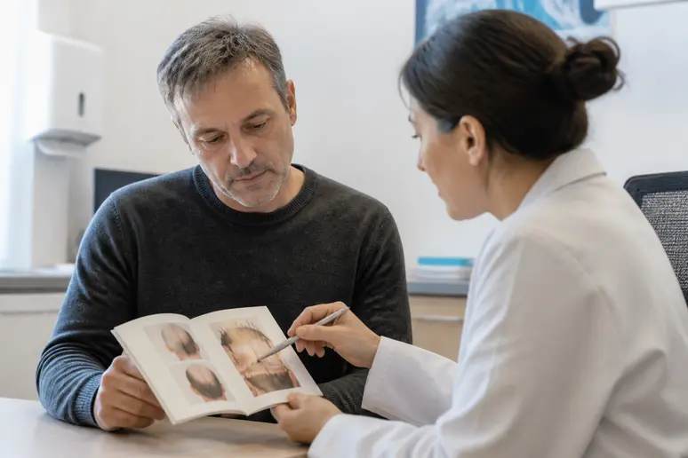 Consultation médicale pour discuter du remboursement d'une greffe de cheveux en France.