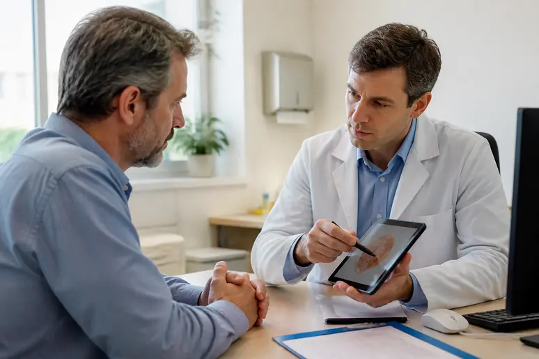 Consultation médicale sur la gynécomastie avant après, homme et médecin discutant des options.