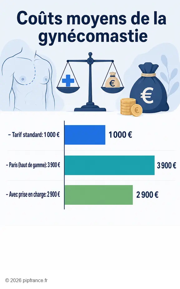 Comparaison des tarifs moyens pour une chirurgie de gynécomastie avant après, montrant les coûts selon la localisation et la prise en charge.