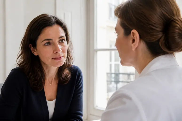 Consultation avant une labiaplastie : femme attentivement conseillée par une médecin
