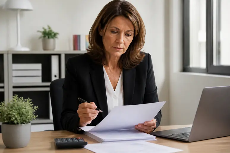 Calcul du coût d'une nymphoplastie : femme examinant des documents de remboursement