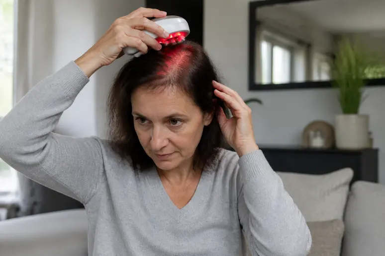 Femme utilisant une lampe LED pour la luminotherapie-cheveux à domicile, dans un salon moderne.