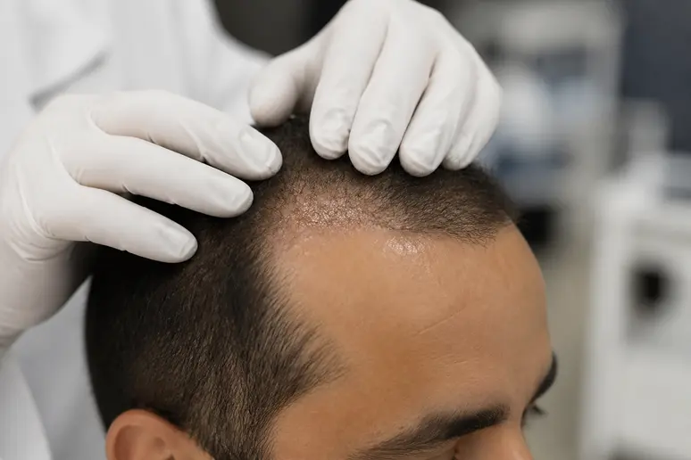 Homme en suivi post-greffe capillaire, stimulant la repousse avec luminotherapie-cheveux.