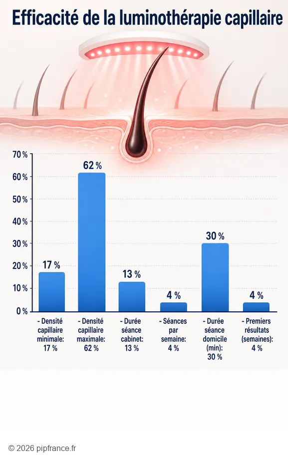 Infographie sur l'efficacité de la luminothérapie cheveux : gain de densité et durée des séances.