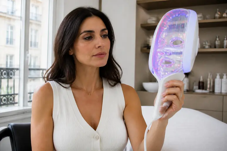 Une femme choisit la couleur de sa luminotherapie-visage-couleur-signification dans un salon de beauté.