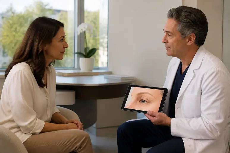 Consultation médicale pour corriger un oeil rond après blépharoplastie ratée.