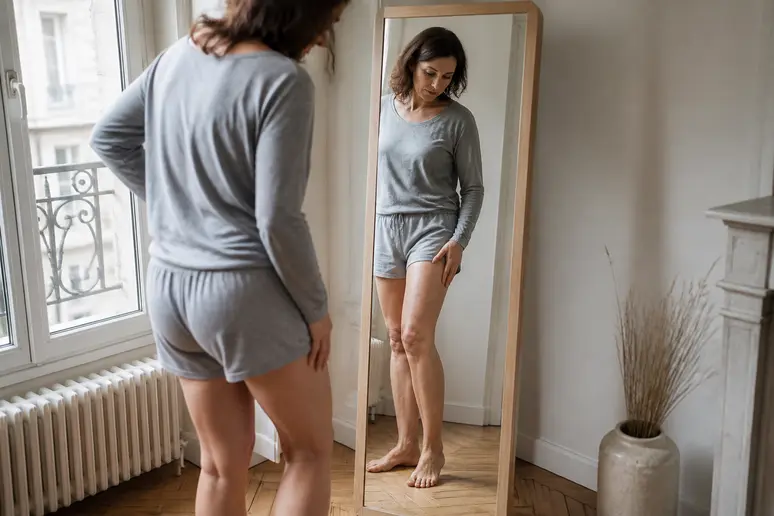 Une femme observe avec attention la zone de sa cuisse, photo-cicatrice-lifting-cuisse.