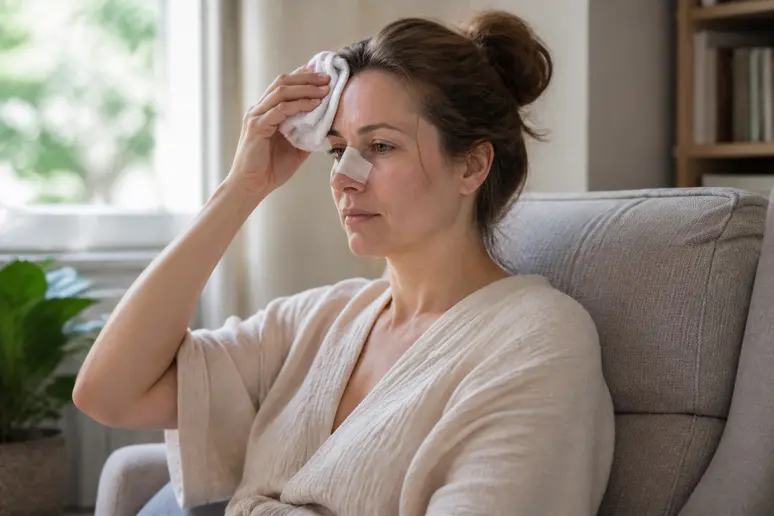 Femme prenant soin de son nez avec un plâtre, geste doux et prudent.