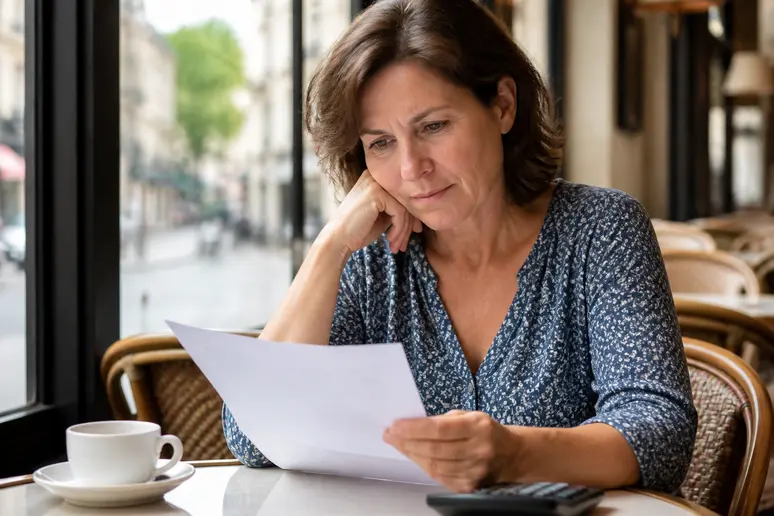 Une femme réfléchit aux coûts d'une réduction mammaire, calculatrice et facture sur table.