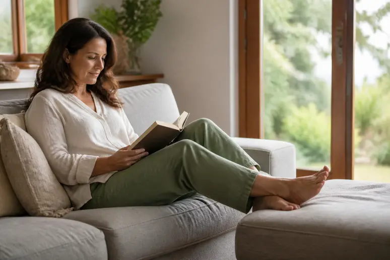 Une femme en convalescence lit paisiblement chez elle après une réduction mammaire.