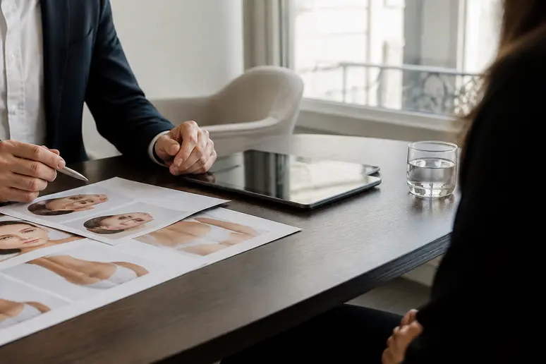 Bureau clinique parisienne avec brochures chirurgie esthétique, discute du coût du smas-lifting.