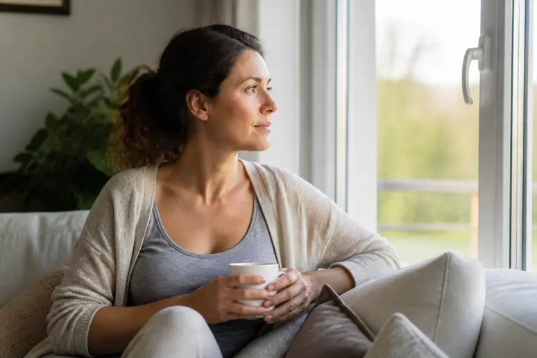 Femme se reposant paisiblement à domicile, gestion post-opératoire après temoignage-augmentation-mammaire-post-op.
