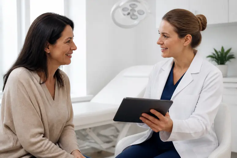 Consultation médicale rassurante pour le suivi post-opératoire d'une temoignage-augmentation-mammaire-post-op.