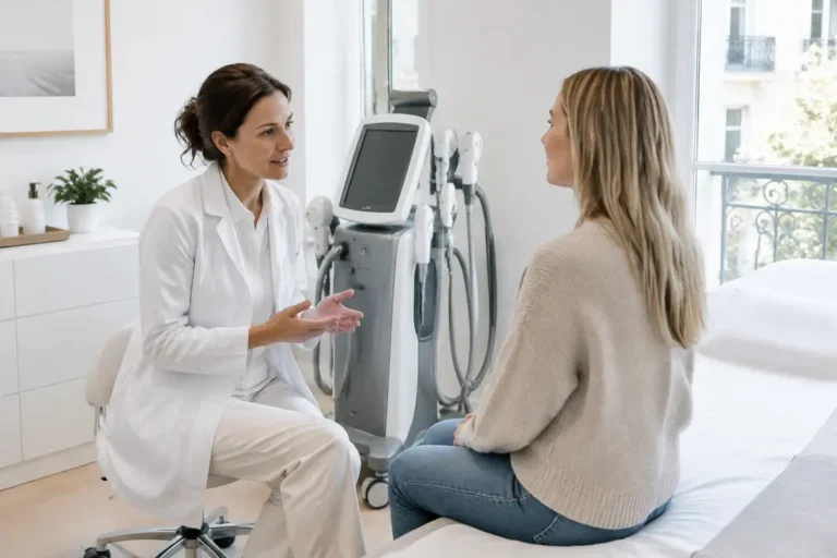 Patiente en consultation dans un cabinet de médecine esthétique pour un traitement de banane-sous-fessier-photo