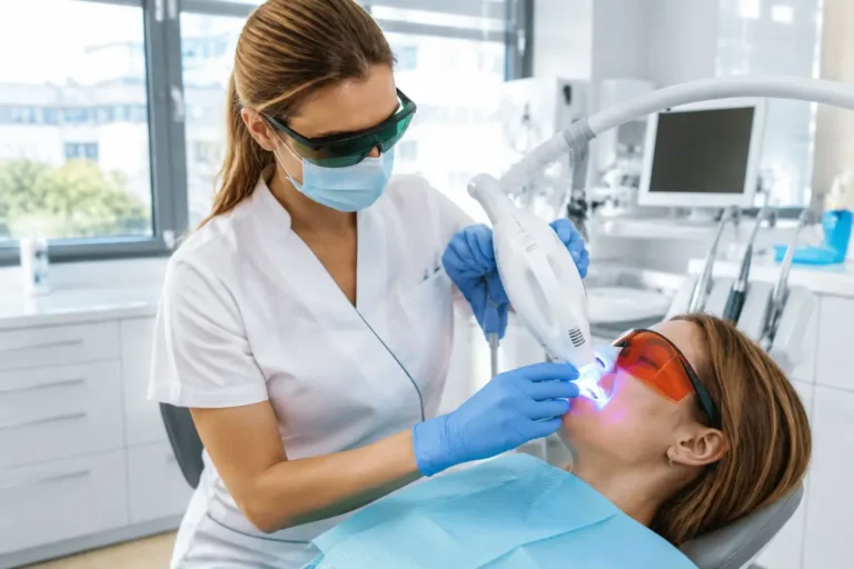 Un chirurgien-dentiste utilise un appareil de blanchiment-des-dents-par-laser dans un cabinet médical moderne en France.