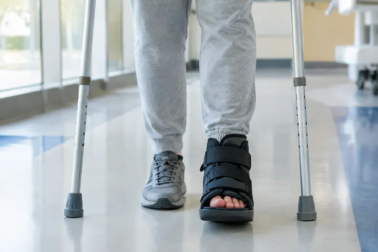 Patient portant une chaussure médicale post-opératoire après une chirurgie des orteils en griffe.