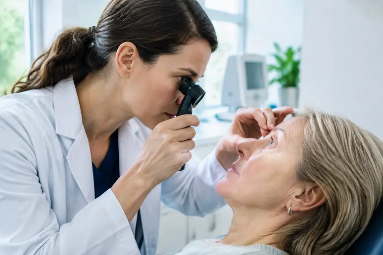 Ophtalmologue examinant la cicatrisation d'une paupière lors d'une consultation de suivi en chirurgie oculoplastique