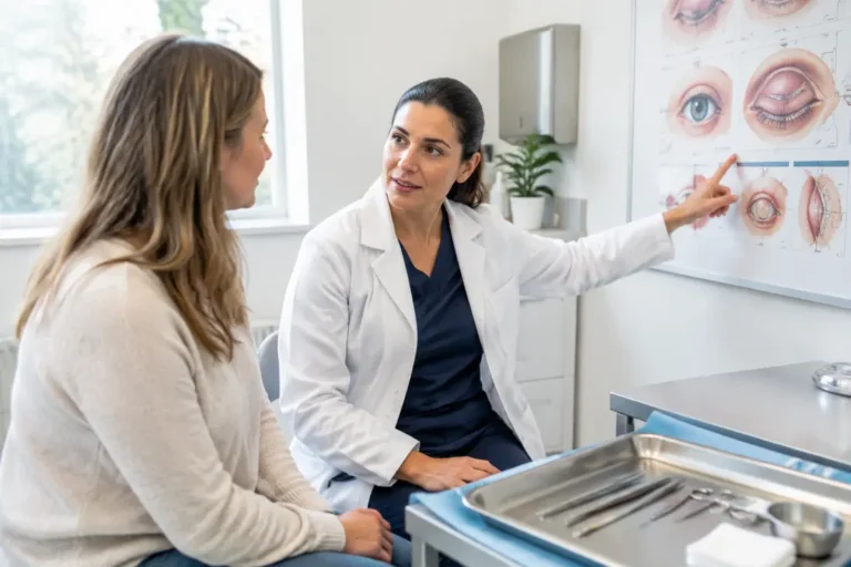 Consultation médicale post-opératoire en cabinet pour un suivi en chirurgie-oculoplastique et évaluation de la cicatrisation