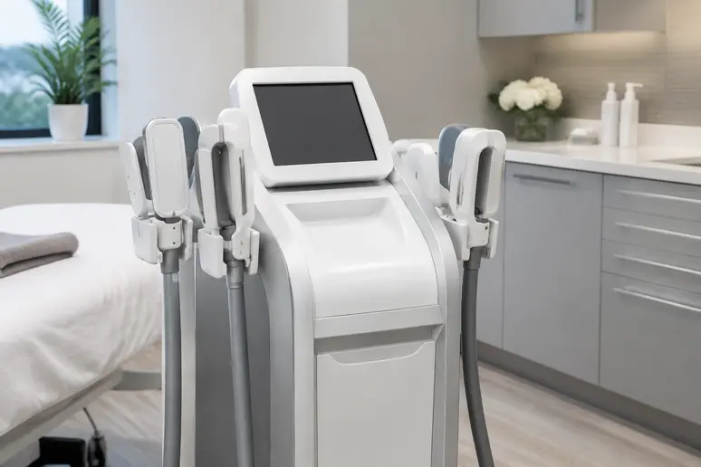 Appareil de médecine esthétique à ondes électromagnétiques installé dans un cabinet professionnel pour la tonicité musculaire.