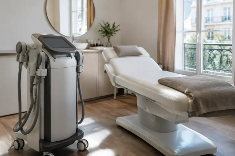 Salle de soin de médecine esthétique avec équipement professionnel pour corriger des fesses-plates sans chirurgie.