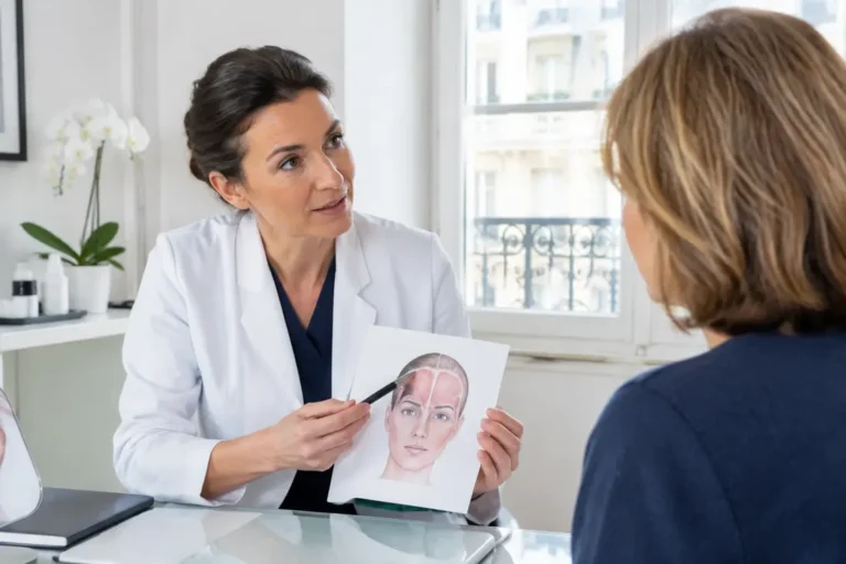 Examen médical en cabinet pour un lifting-frontal-avant-apres avec un chirurgien et son patient