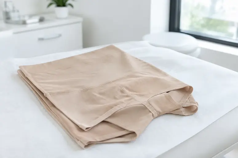Panty compressif beige posé sur une table d'examen médicale pour les suites opératoires