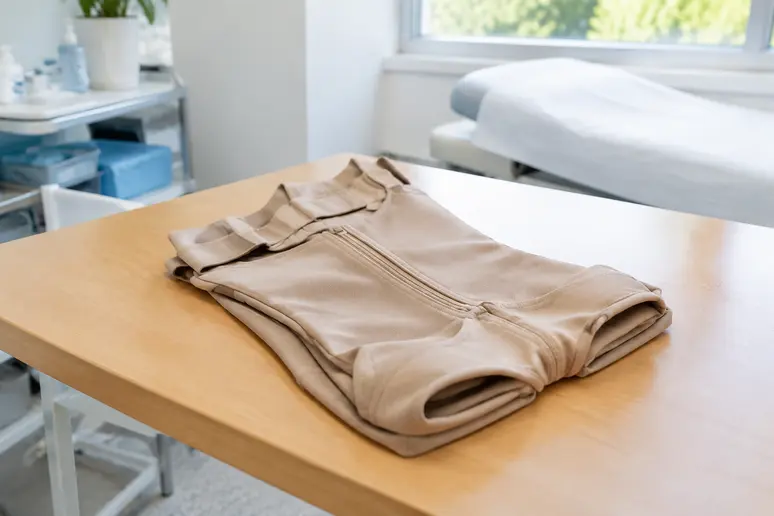 Panty de contention médical posé sur une table d'examen avant une liposuccion des hanches