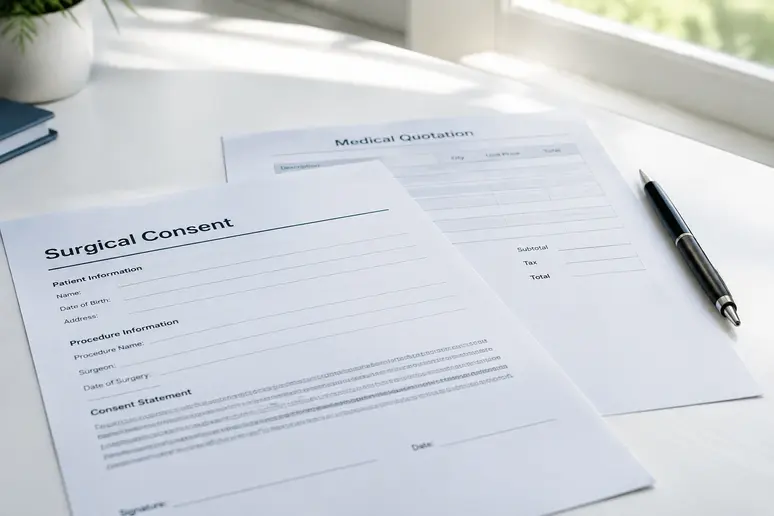 Devis détaillé et document d'information remis lors de la consultation pour la liposuccion des hanches