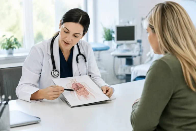 Un médecin présente un schéma explicatif lors d'une consultation sur l'ombilicoplastie dans un cabinet médical lumineux