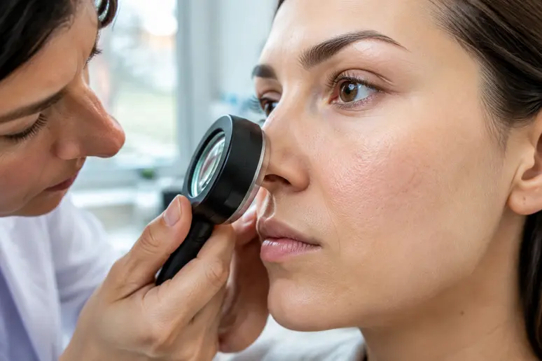 Examen minutieux de la texture cutanée du visage pour observer les pores et l'épaisseur de la peau