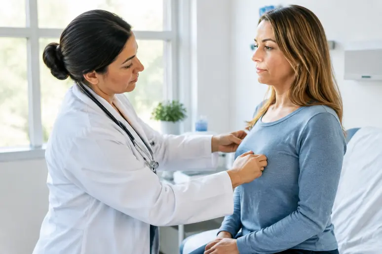 Médecin effectuant un examen clinique pour vérifier la position d'une prothèse mammaire