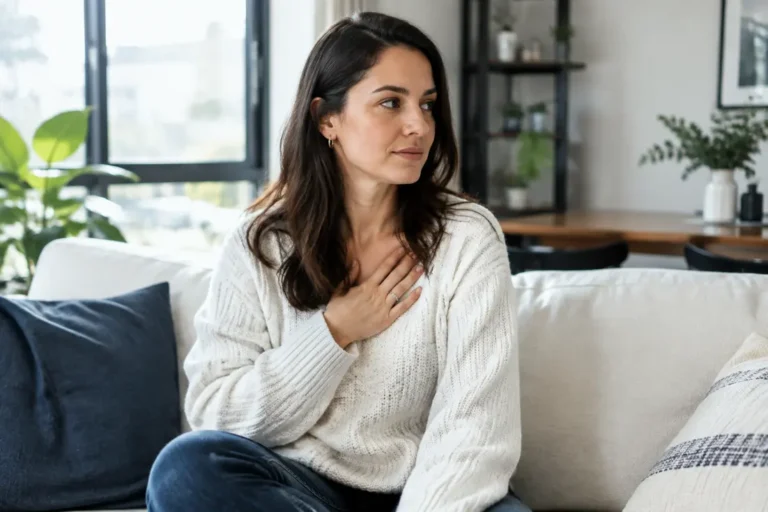 Femme habillée s'observant attentivement avec un haut ajusté illustrant une prothese-mammaire-qui-part-sur-le-cote dans son salon.