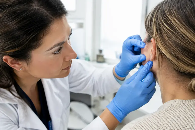 Examen médical d'un lobe d'oreille avant de reboucher un trou de piercing tarif