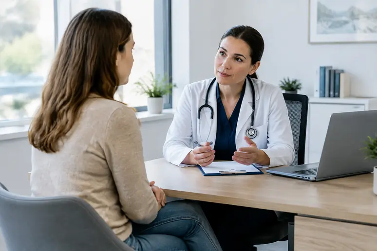 Consultation médicale préparatoire pour une reduction-capuchon-clitoridien-avant-apres dans un cabinet moderne.