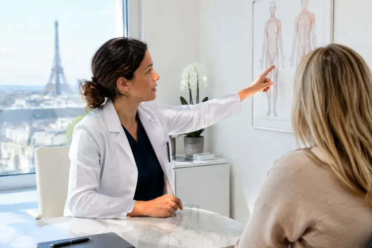 Patiente et chirurgienne en consultation médicale évoquant une intervention de reduction-capuchon-clitoridien-avant-apres dans un cabinet lumineux.