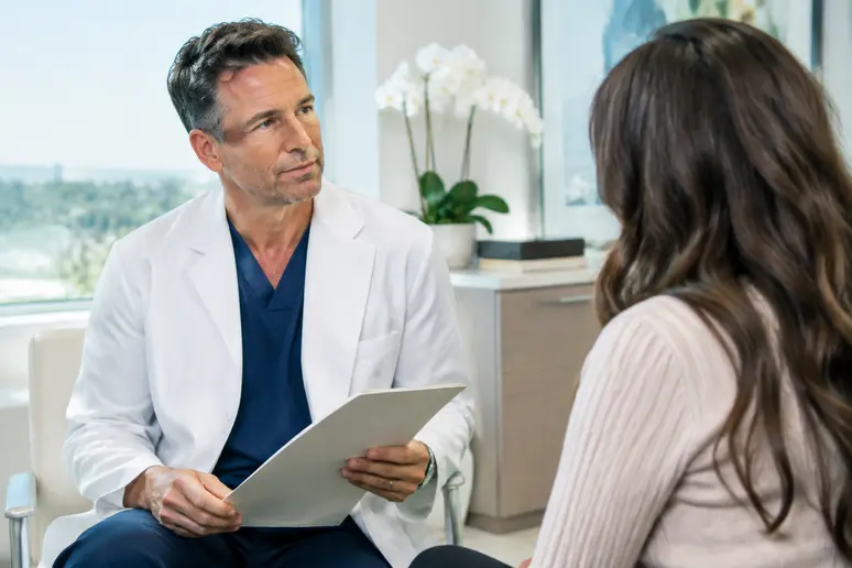 Consultation médicale en cabinet pour planifier une augmentation mammaire et le choix des volumes.
